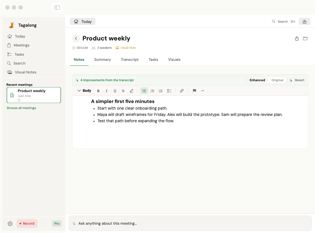 Tagalong’s native enhance notes view with fictional Product weekly meeting content.
