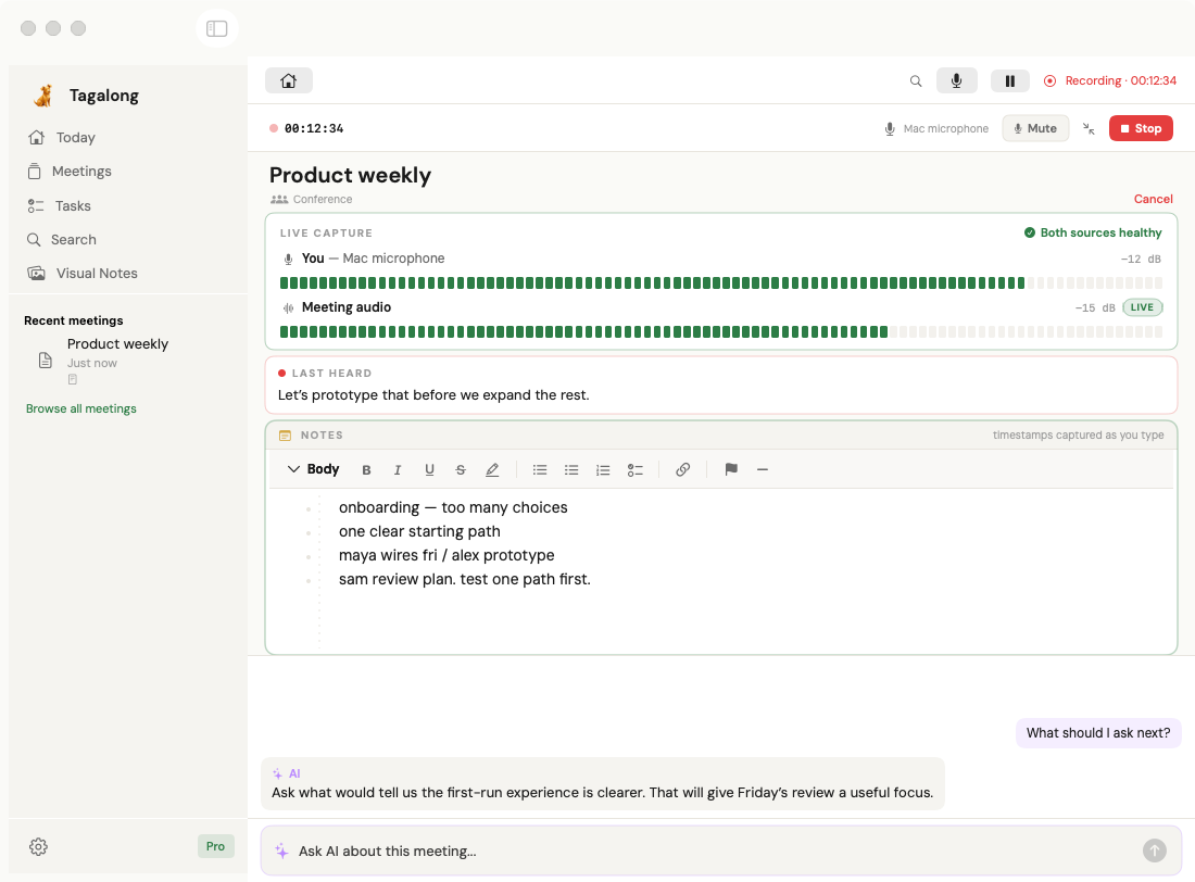 Tagalong’s native live ai view with fictional Product weekly meeting content.
