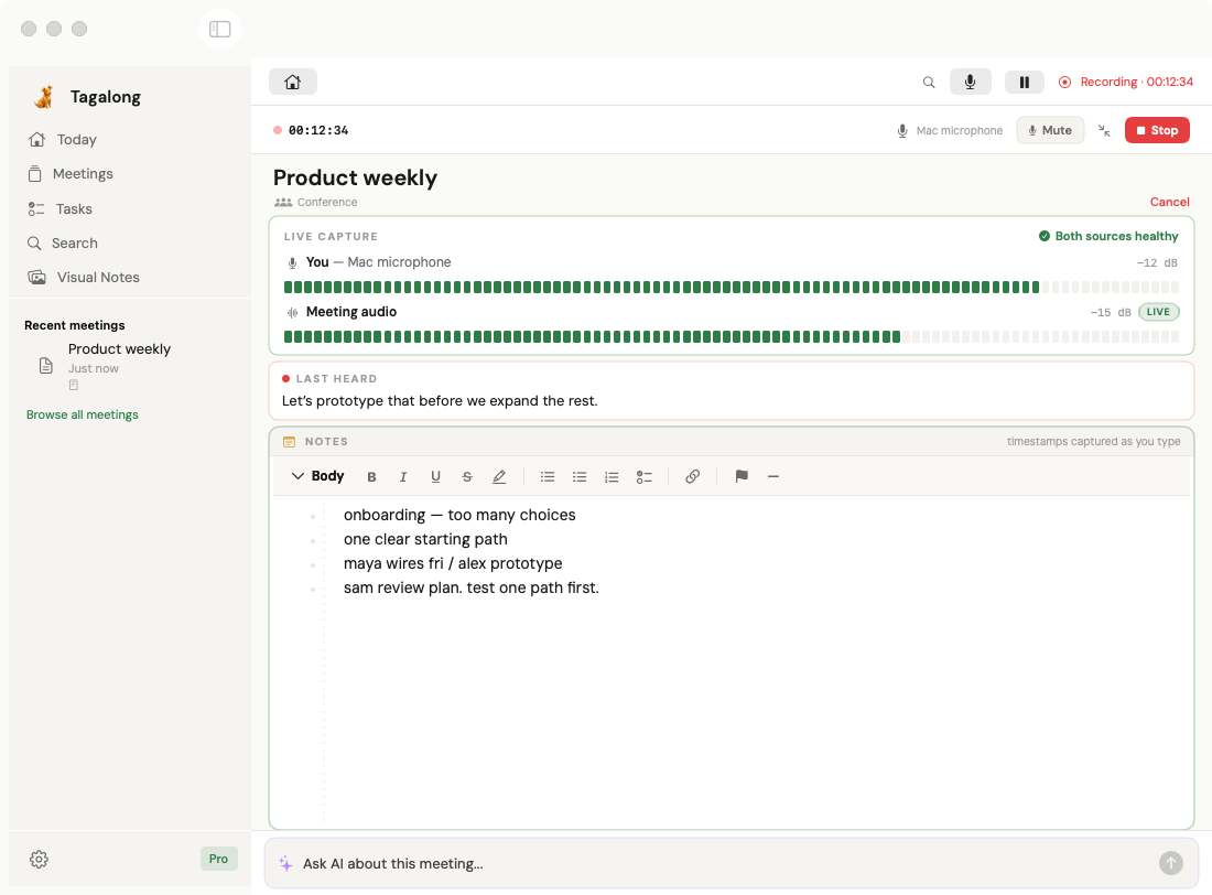 Tagalong’s native record view with fictional Product weekly meeting content.