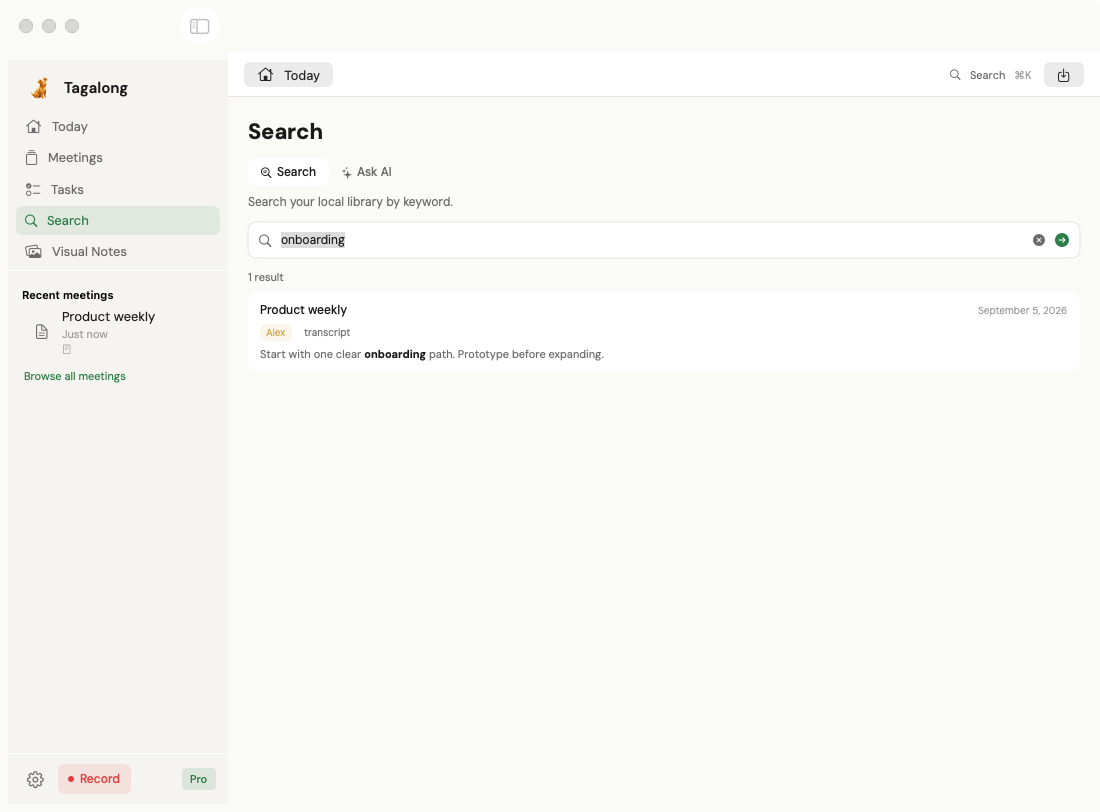 Tagalong’s native search view with fictional Product weekly meeting content.