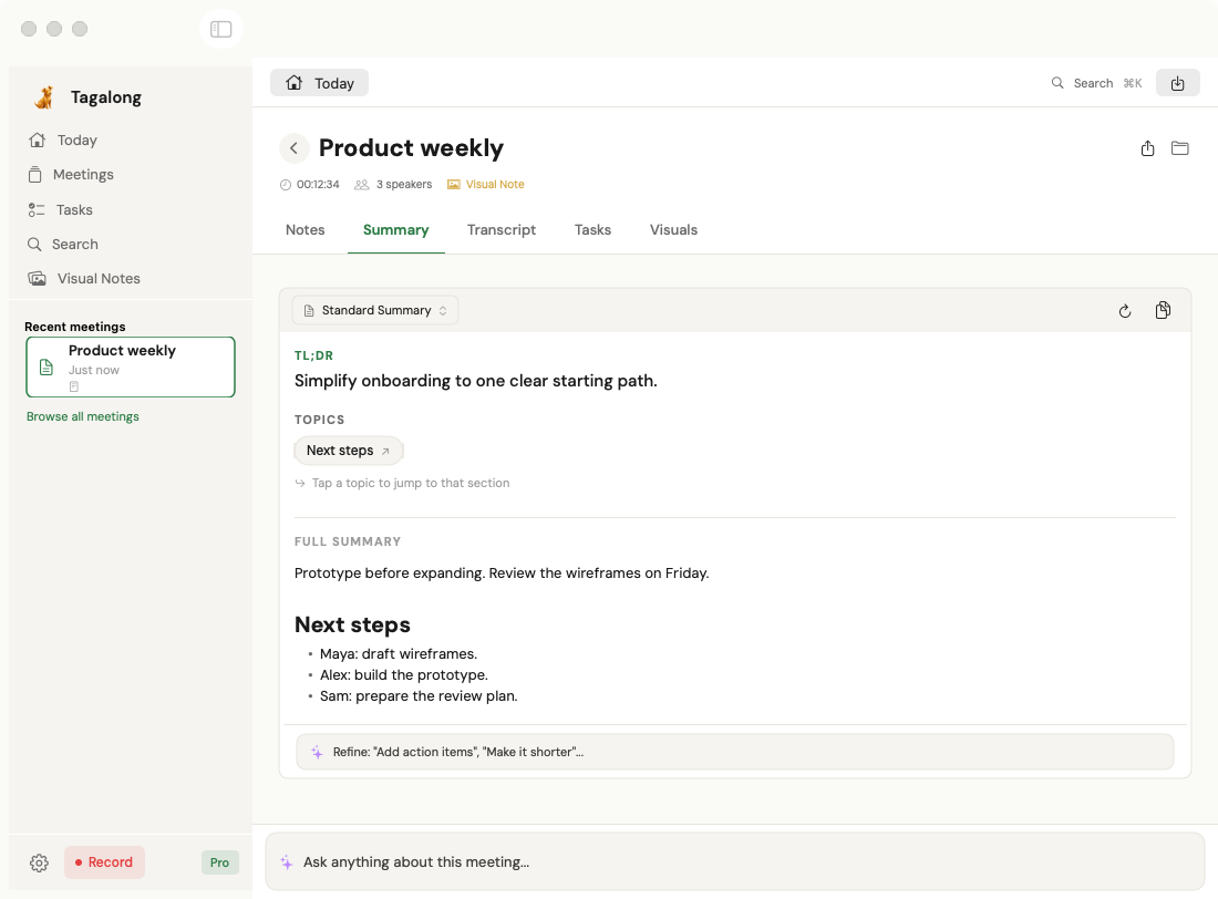 Tagalong’s native summary view with fictional Product weekly meeting content.