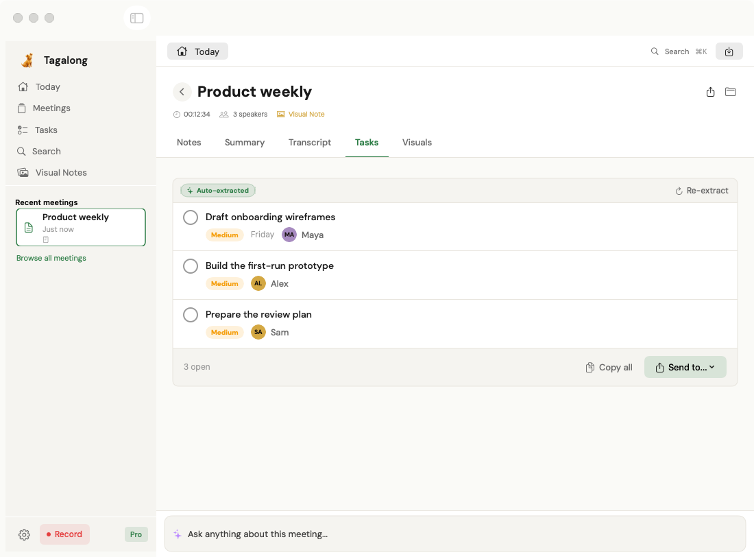 Tagalong’s native tasks view with fictional Product weekly meeting content.