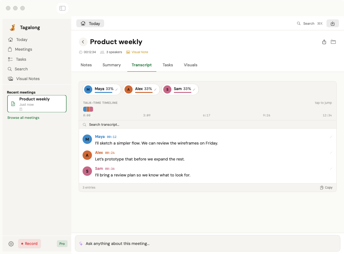 Tagalong’s native speakers view with fictional Product weekly meeting content.