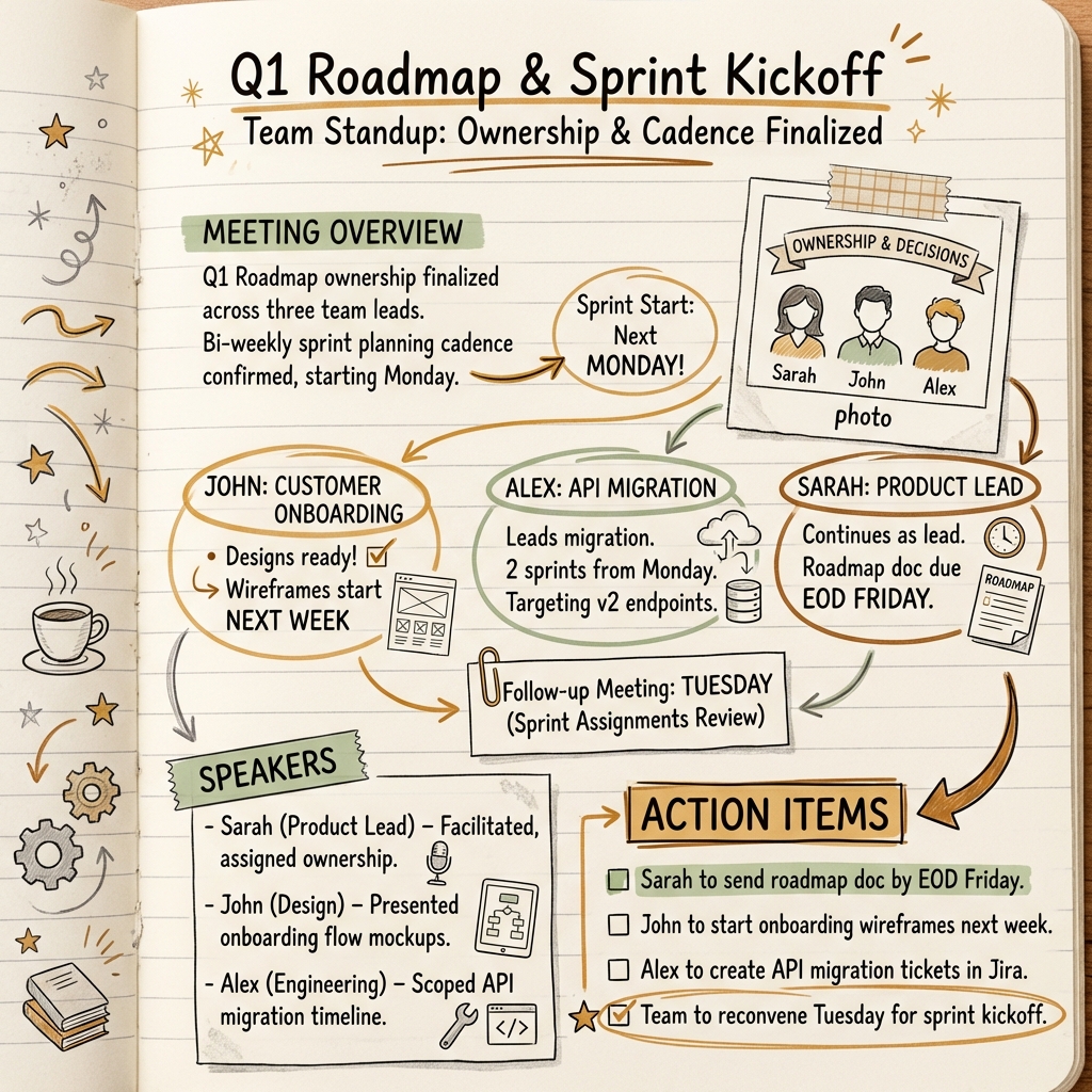 Team Standup visual note — sketchnote style infographic