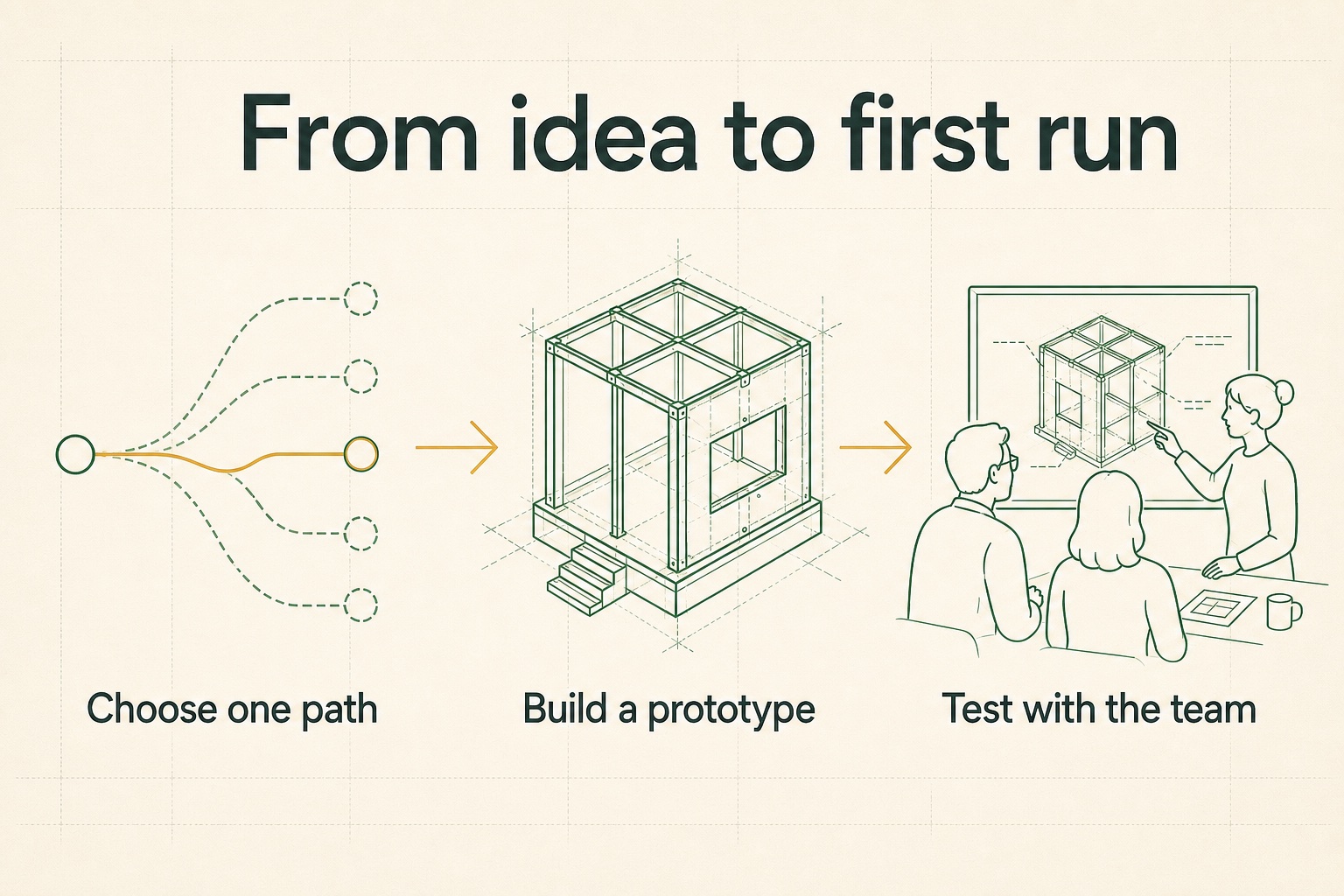 Green-and-gold process map: choose one path, build a prototype, test with the team.