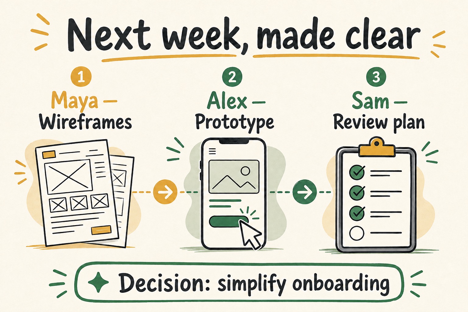 Colorful next-week plan: Maya owns wireframes, Alex the prototype, and Sam the review plan. Decision: simplify onboarding.